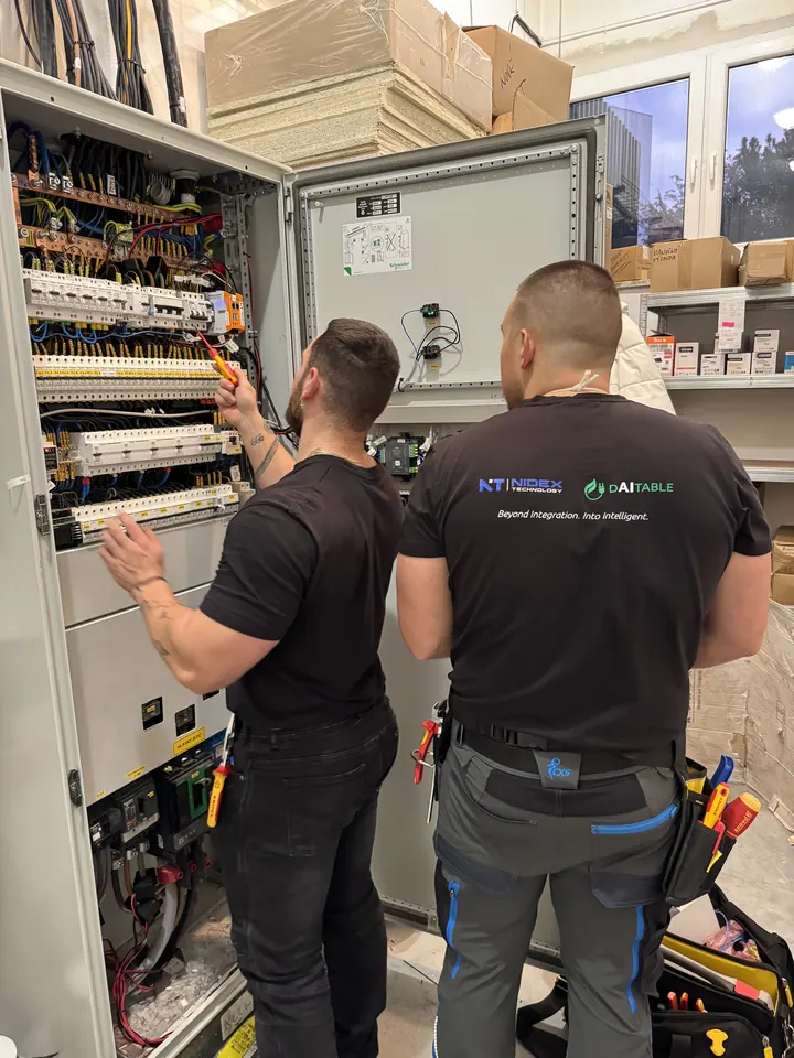Dvaja technici Nidex v tričkách s logom pri otvorenom rozvádzači